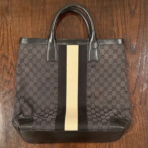 Gucci Black Canvas GG Black Tan Stripe Leather Trim Vintage Bag